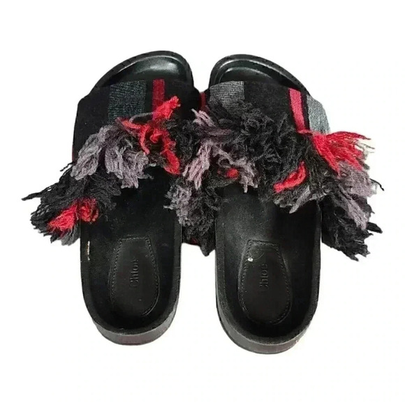 Chloe Slide Sandal Kerenn Kilim Black Gray Red 5 Leather Striped Fringe 35 - Picture 7 of 10